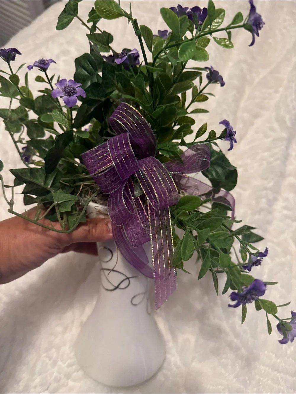 Decorative White Ceramic Vase with Purple Floral Accent